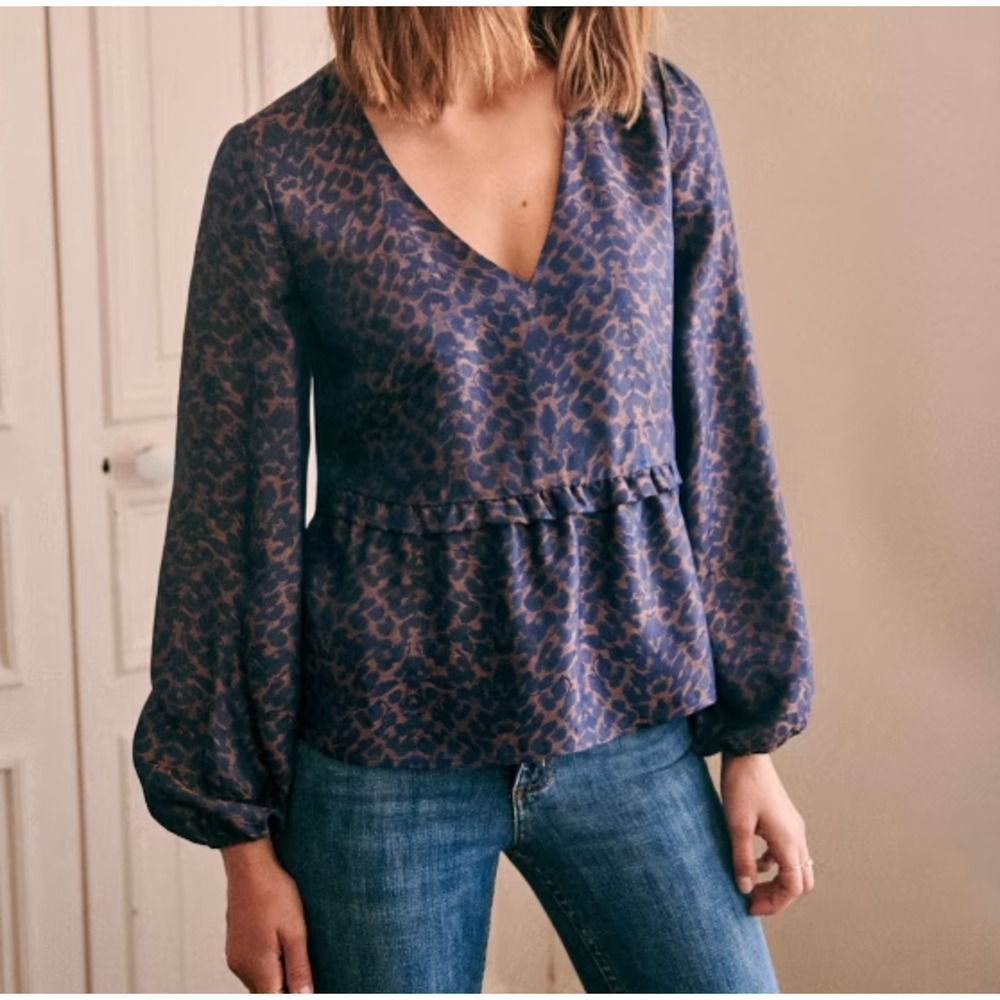 Sezane Bianca Blouse Women FR 36 US 4 Blue Leopard Print Long Sleeve Peasant Top